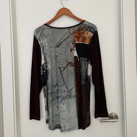 Long Sleeve Abstract Comfy Tunic Round Neck Brown Blue XXL - Picture 2 of 3
